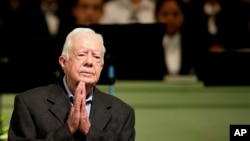 FILE - Former President Jimmy Carter teaches Sunday School class at Maranatha Baptist Church in his hometown, Aug. 23, 2015, in Plains, Ga. (AP Photo/David Goldman, File)