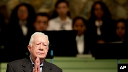 FILE - Former President Jimmy Carter teaches Sunday School class at Maranatha Baptist Church in his hometown, August 23, 2015, in Plains, Georiga, USA.