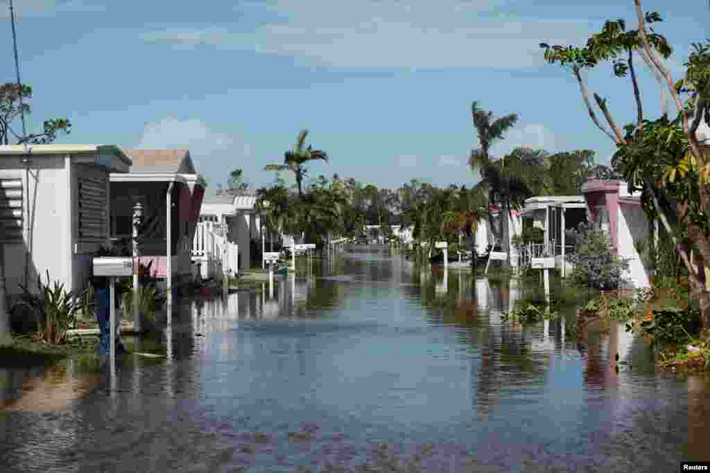 Property damage is seen at a mobile home park after Hurricane Irma in Naples, Florida.