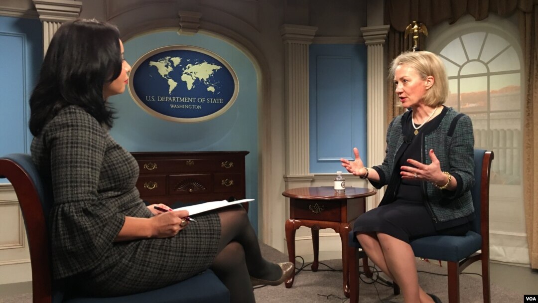 Alice Wells, Principal Deputy Assistant Secretary for South and Central Asian Affairs, talks to Navbahor Imamova, Voice of America Uzbek Service, Washington, February 22, 2018
