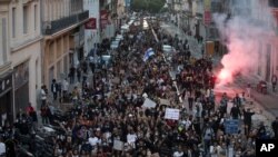 Protesters march against police brutality and racism in Marseille, France, June 13, 2020, by supporters of Adama Traore, who died in police custody in 2016 in circumstances that remain unclear despite four years of back-and-forth autopsies.