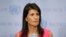 លោកស្រី Nikki Haley ថ្លែង​ទៅ​កាន់​អ្នក​សារព័ត៌មាន​នៅ​ទីស្នាក់ការ​កណ្តាល​របស់​អង្គការ​សហប្រជាជាតិ កាលពី​ថ្ងៃទី២៥ ខែសីហា ឆ្នាំ២០១៧។