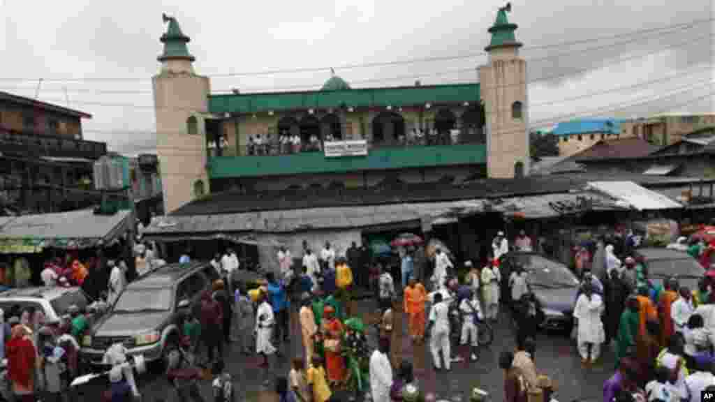 Nigeria Muslims leave Agege central mosque after offering their prayers during Eid al-Adha to mark the end of the holy month of Hajji.