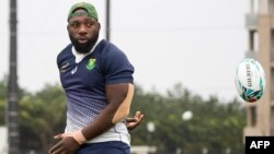 Le Sud Africain Tendai Mtawarira lors d'un entrainement au Mondial de rugby, Japon, le 18 septembre 2019. (Photo by Odd ANDERSEN / AFP)