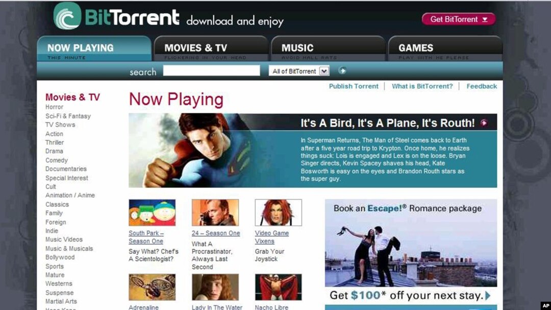 FILE - Screenshot provided by BitTorrent Inc. shows a roster of over 34 major partners from around the world, including 20th Century Fox, Lions Gate, MTV Networks, Paramount Pictures and Warner Bros.