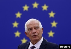 EU Foreign Policy Chief Josep Borrell addresses a plenary session of the European Parliament in Strasbourg