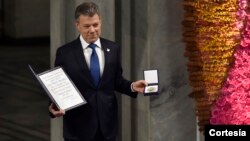 Hay una guerra menos en el mundo y es la de Colombia, expresó el Presidente Santos al recibir el Premio Nobel de paz 2016.