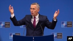 NATO Secretary General, Jens Stoltenberg speaks during a media conference at NATO headquarters in Brussels, Nov. 29, 2019.