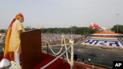 Indian Prime Minister Narendra Modi addresses the nation on the country's Independence Day from the ramparts of the historical Red Fort in New Delhi, India, Aug. 15, 2017.