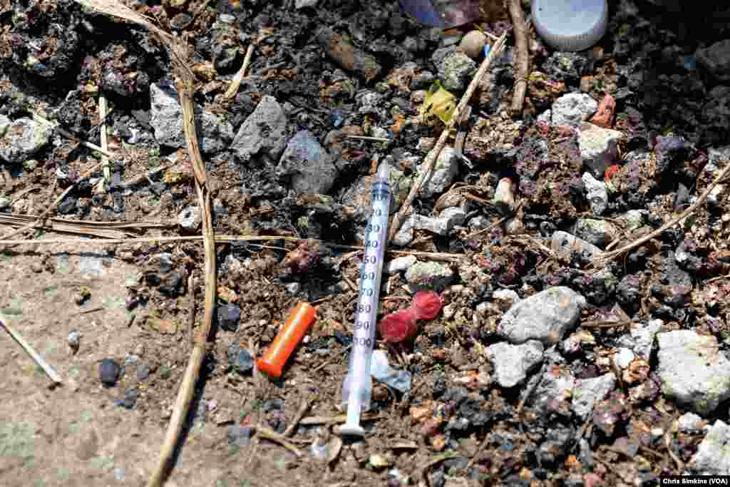 Needles used to inject heroin litter the ground of the Kensington neighborhood, known for its open air heroin market.