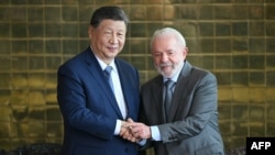 Chinese President Xi Jinping shakes hands with Brazilian President Luiz Inacio Lula da Silva after a meeting at Alvorada Palace in Brasilia on Nov. 20, 2024.