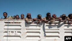 Members of the Amhara special forces look out from the back of a parked truck in Dansha, in the Tigray region of Ethiopia, Nov. 25, 2020.