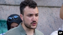 FILE - Student activist Mahmoud Khalil speaks at a pro-Palestinian protest encampment on the Columbia University campus in New York City, April 29, 2024.