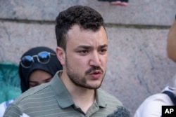 FILE - Student activist Mahmoud Khalil speaks at a pro-Palestinian protest encampment on the Columbia University campus in New York City, April 29, 2024.