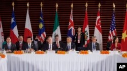 President Barack Obama, center speaks during a meeting of leaders of the Trans-Pacific Partnership countries last year in Beijing.