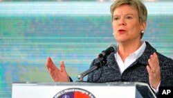 NATO Deputy Secretary-General Rose Gottemoeller speaks during the International field exercise "Crna Gora 2016," in Plavnica, near the Montenegro capital Podgorica, Nov. 3, 2016.