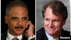 A combination of file photos shows U.S. Attorney General Eric Holder (L) in Washington on May 5, 2014 and Bank of America Chief Executive Brian Moynihan in Hong Kong on March 8, 2013 respectively.