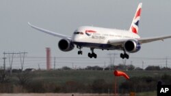 British Airways inaugural nonstop flight from London, England to Austin, Texas operated by a Boeing 787 Dreamliner, arrives at Austin Bergstrom International Airport on March 3, 2014.