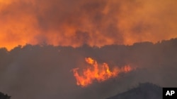 Flames from a brush fire in the Pacific Palisades area of Los Angeles, May 15, 2021.