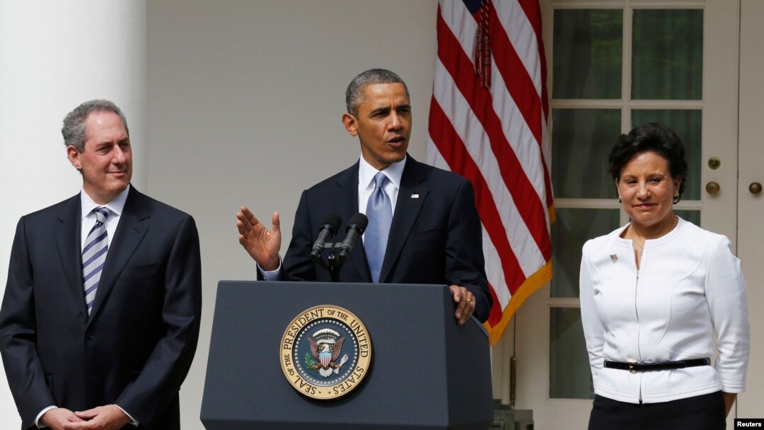 Presiden Obama mencalonkan Michael Froman (kiri) sebagai Wakil Perdagangan AS dan pengusaha Penny Pritzker (kanan) sebagai Menteri Perdagangan, Kamis (2/5).
