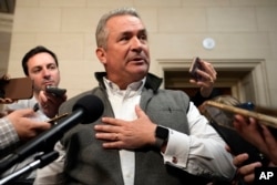 FILE - U.S. Representative Don Bacon speaks to reporters at the Capitol in Washington on Oct. 23, 2023. Bacon says Russia has little room to demand elections in Ukraine because “they haven't had free elections in 25 years.”