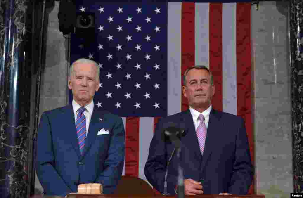 Vice President Joe Biden (left) and House Speaker John Boehner (R-OH) wait for the start of President Barack Obama&#39;s State of the Union address to a joint session of Congress on Capitol Hill, Jan. 20, 2015.