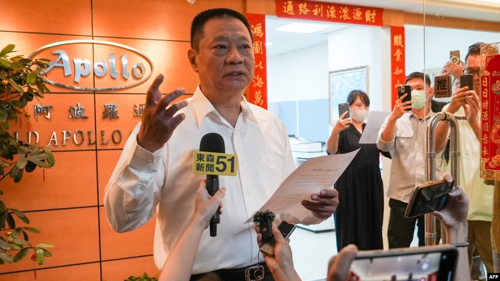 Hsu Ching-Kuang, head of Taiwanese company Gold Apollo, speaks to the media outside the company's office in New Taipei City on Sept. 18, 2024. The company denied that it produced hundreds of explosive-packed pagers used by Hezbollah members which simultaneously exploded.