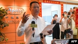 Hsu Ching-Kuang, head of Taiwanese company Gold Apollo, speaks to the media outside the company's office in New Taipei City on Sept. 18, 2024. The company denied that it produced hundreds of explosive-packed pagers used by Hezbollah members which simultaneously exploded.