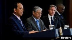 Philippine Defense Chief Carlito Galvez Jr., Philippine Secretary of Foreign Affairs Enrique Manalo, U.S. Secretary of State Antony Blinken and U.S. Defense Secretary Lloyd Austin, in Washington, April 11, 2023.