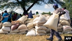 A man carries a full bag of donated maize grain, March 13, 2019, in the Mutoko rural area of Zimbabwe. Eastern Zimbabwe receives help to fight drought induced hunger, as a total of 32,000 villagers affected by drought in the Mutoko area. They received…