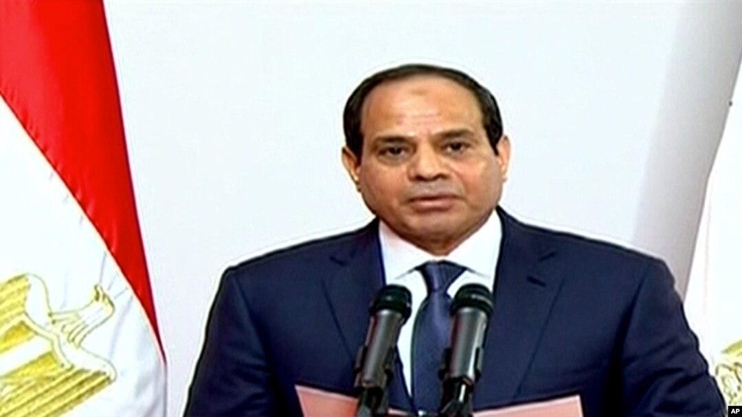 FILE - This image made from Egyptian State Television shows, Egyptian President Abdel Fattah el-Sissi giving a speech at the Supreme Constitutional Court in Cairo, June 8, 2014. 