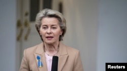 President of the European Commission Ursula von der Leyen speaks to press in Washington