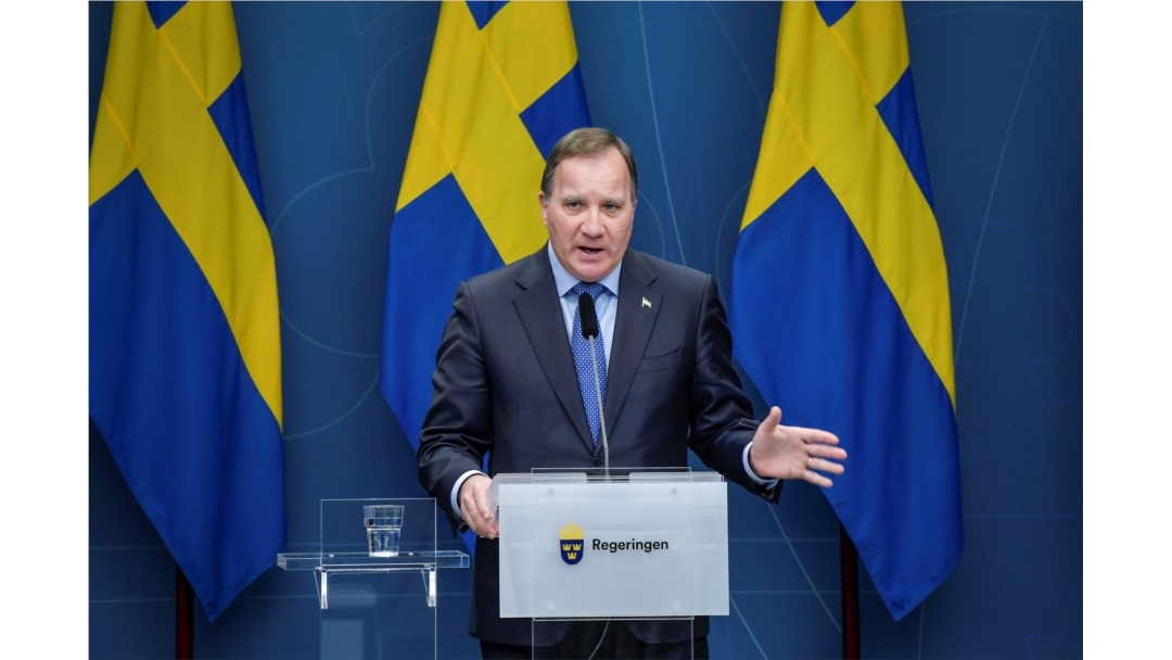FILE - Sweden's Prime Minister Stefan Lofven speaks during a news conference updating on the coronavirus situation, at the government headquarters in Stockholm, Sweden, Nov. 3, 2020.