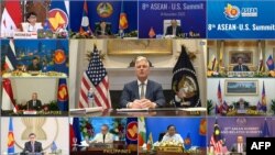 A screen grab taken from Vietnam Host Broadcaster's Nov. 14, 2020 live video shows U.S. National Security Advisor Robert O'Brien, center, addressing ASEAN member states’ representatives.