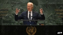 UMongameli Joe Biden sukhuluma emhlanganweni we-79th Session of the United Nations General Assembly esigodlweni seUnited Nations eNew York, Mpandula n24, 2024. (Photo by TIMOTHY A. CLARY / AFP)