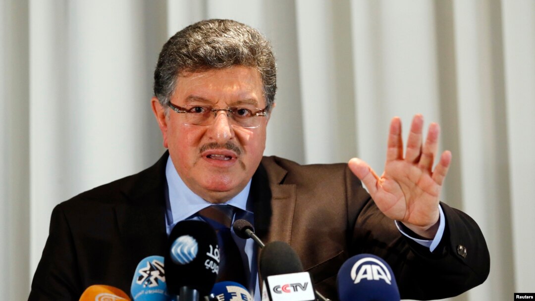 Salim al-Muslat, spokesman for the High Negotiations Committee (HNC), the main Syrian opposition group at the Geneva peace talks, attends a news conference in Geneva, Switzerland, Jan. 31, 2016.