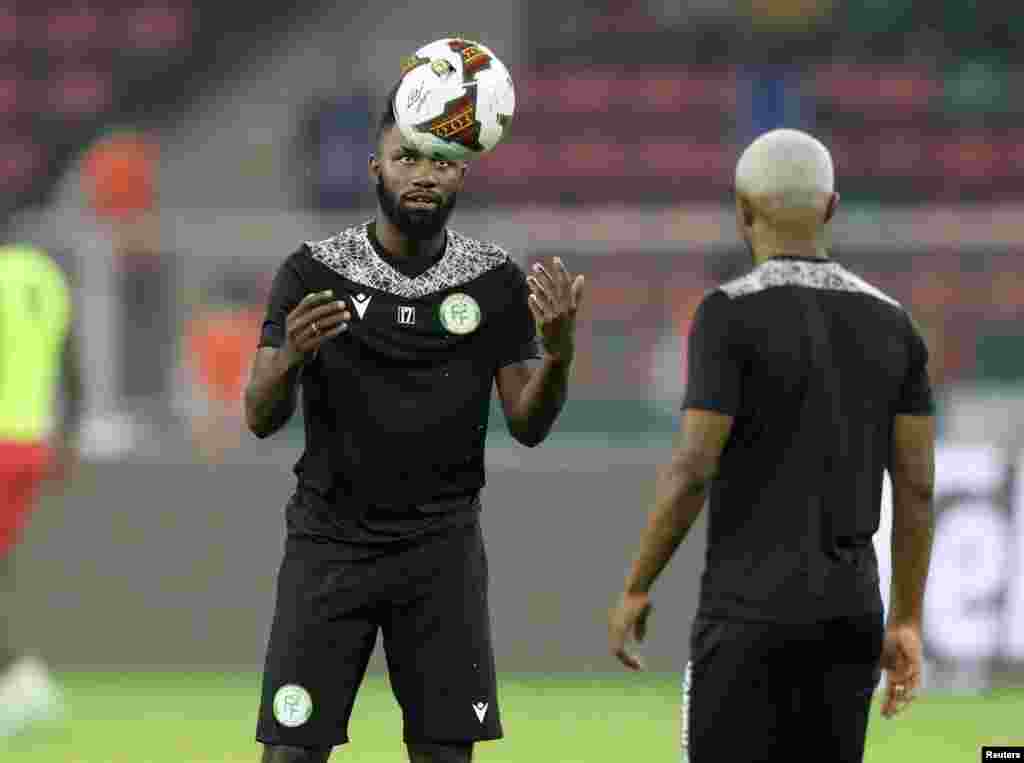 Comoros' Ibroihim Youssouf during the warm up before the round of 16 match against Cameroon in Yaounde, Cameroon, Jan. 24, 2022.