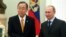 Visiting United Nations Secretary-General Ban Ki-moon, left, shakes hands with Russian President Vladimir Putin during their meeting in Moscow's Kremlin, Russia, March 20, 2014.