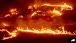 Flames from a backfire burn around a firetruck battling the Delta Fire in the Shasta-Trinity National Forest, Calif., Sept. 6, 2018.