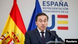 ARCHIVO - El ministro de Asuntos Exteriores de España, José Manuel Albares, en una conferencia de prensa en Bruselas, Bélgica, el 27 de mayo de 2024.