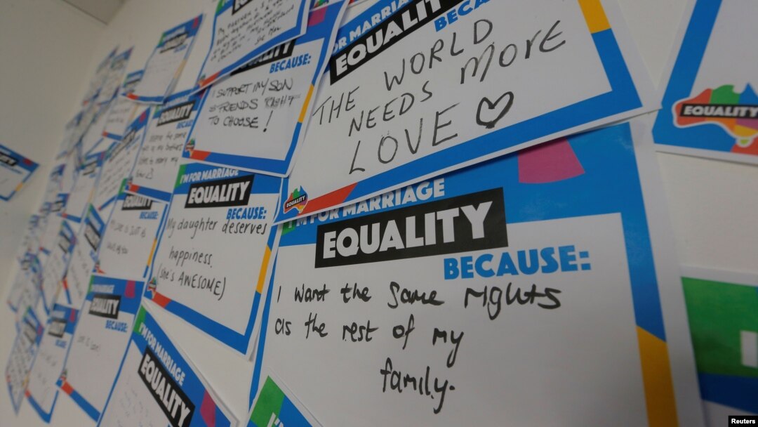 Hand-written messages line at a call center for the 'Yes' campaign in Australia's gay marriage vote, as Australia's high court allows a government plan for a postal vote to legalize same-sex marriage, in Sydney, Australia, Sept. 6, 2017.