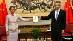 英國駐華大使吳若蘭(左）與中國駐英大使劉曉明手持習近平的書合影。
