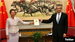 Caroline Wilson posted a picture of herself with China's ambassador to the U.K., Liu Xiaoming, in which they hold a copy of Xi Jinping's book "The Governance of China." (Caroline Wilson/Twitter)