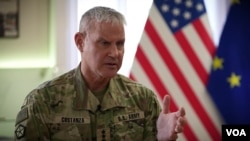 In this photo taken from video, Lieutenant General Charles Costanza, commander of the U.S. Army’s V Corps in Poland, speaks during an interview with VOA.