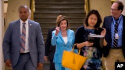 House Speaker Nancy Pelosi (Democrat-California) arrives for a House Democratic caucus meeting on Capitol Hill in Washington, July 10, 2019. 