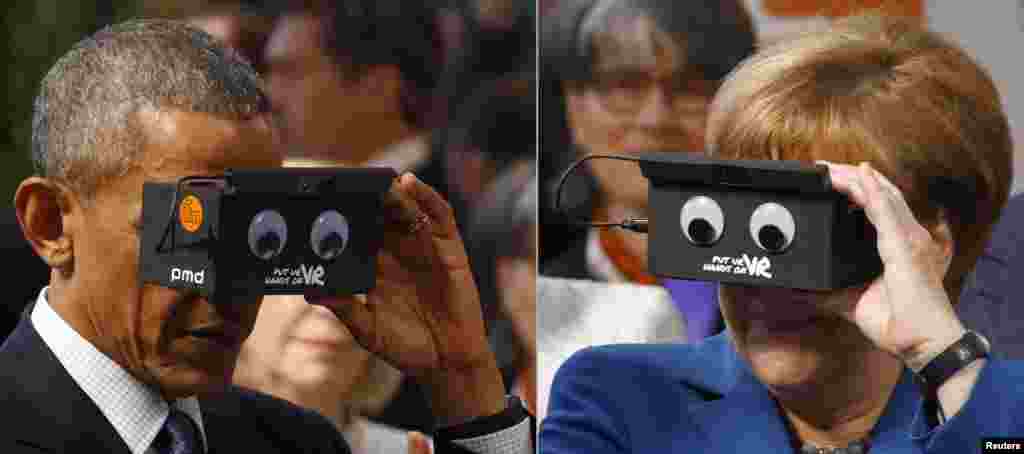 A combination of pictures shows U.S. President Barack Obama and German Chancellor Angela Merkel as they try the virtual reality device PMD during the opening tour of the Hannover Messe in Hanover, Germany.