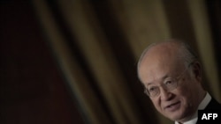 Le directeur général de AEIA, Yukiya Amano, lors d'une discours à Rome, le 9 octobre 2017.