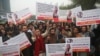 People protest demanding the release of Manzoor Pashteen, young firebrand leader of a human rights movement, in Lahore, Pakistan, Jan. 28, 2020.