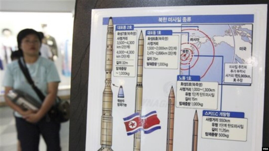 Warga Seoul berdiri disamping gambar rudal Korea Utara.