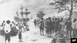 This painting by Sidney King depicts Virginia in 1619 as a frigate docks at Point Comfort bringing 20 African slaves to be traded to the settlers for food. 